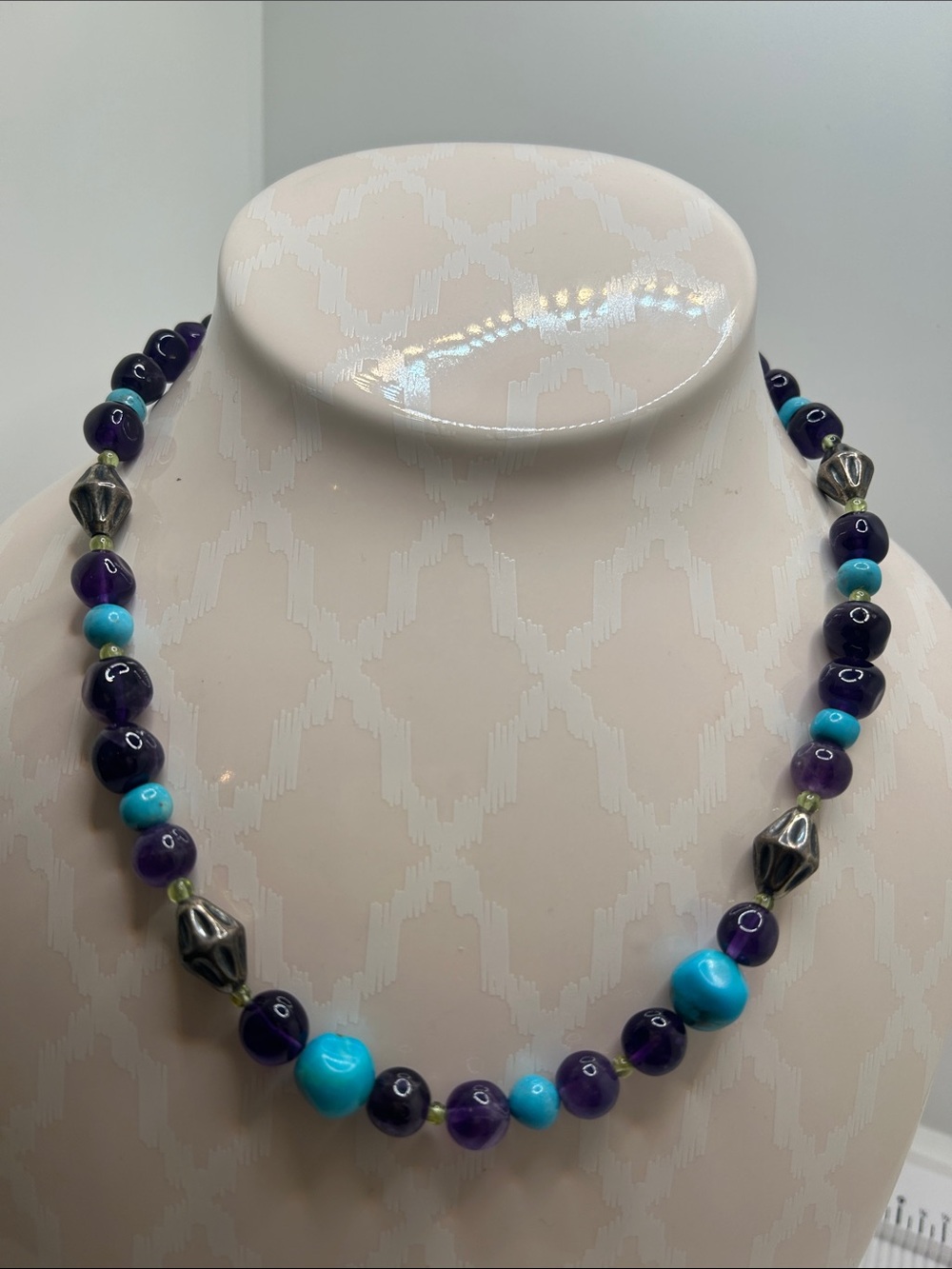 Carolyn Pollack Turquoise and Amethyst Beaded Necklace with Sterling Accents